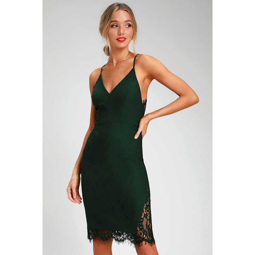 Lulus Only Want You Forest Green Lace Bodycon Midi Dress - Size XS